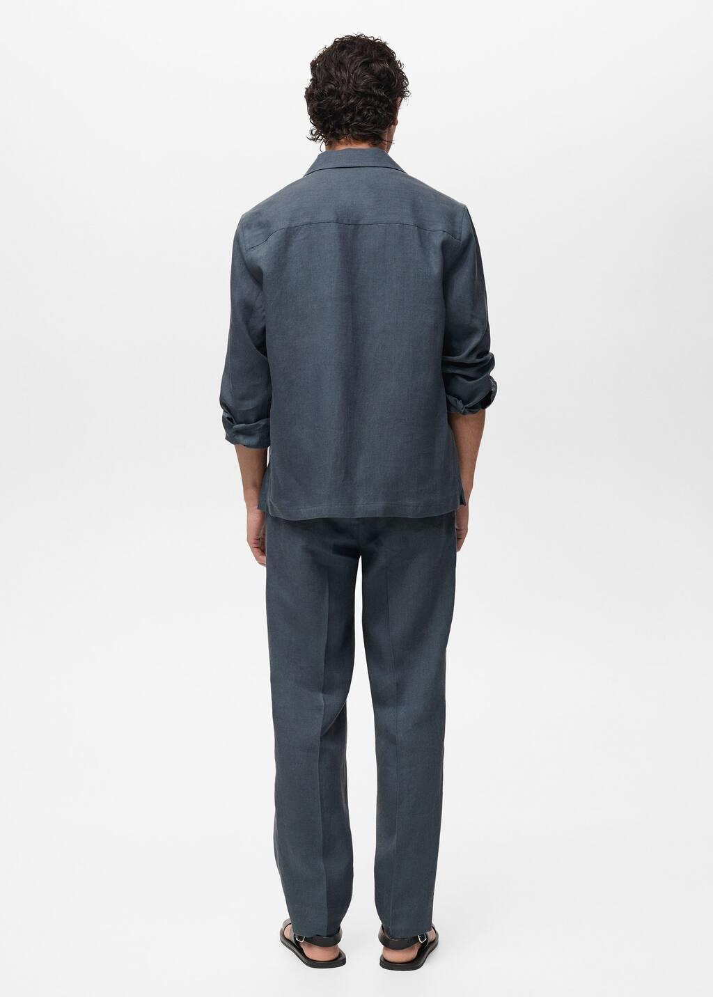 Blue 100% Linen Bowling-Collar Shirt, , large image number 6