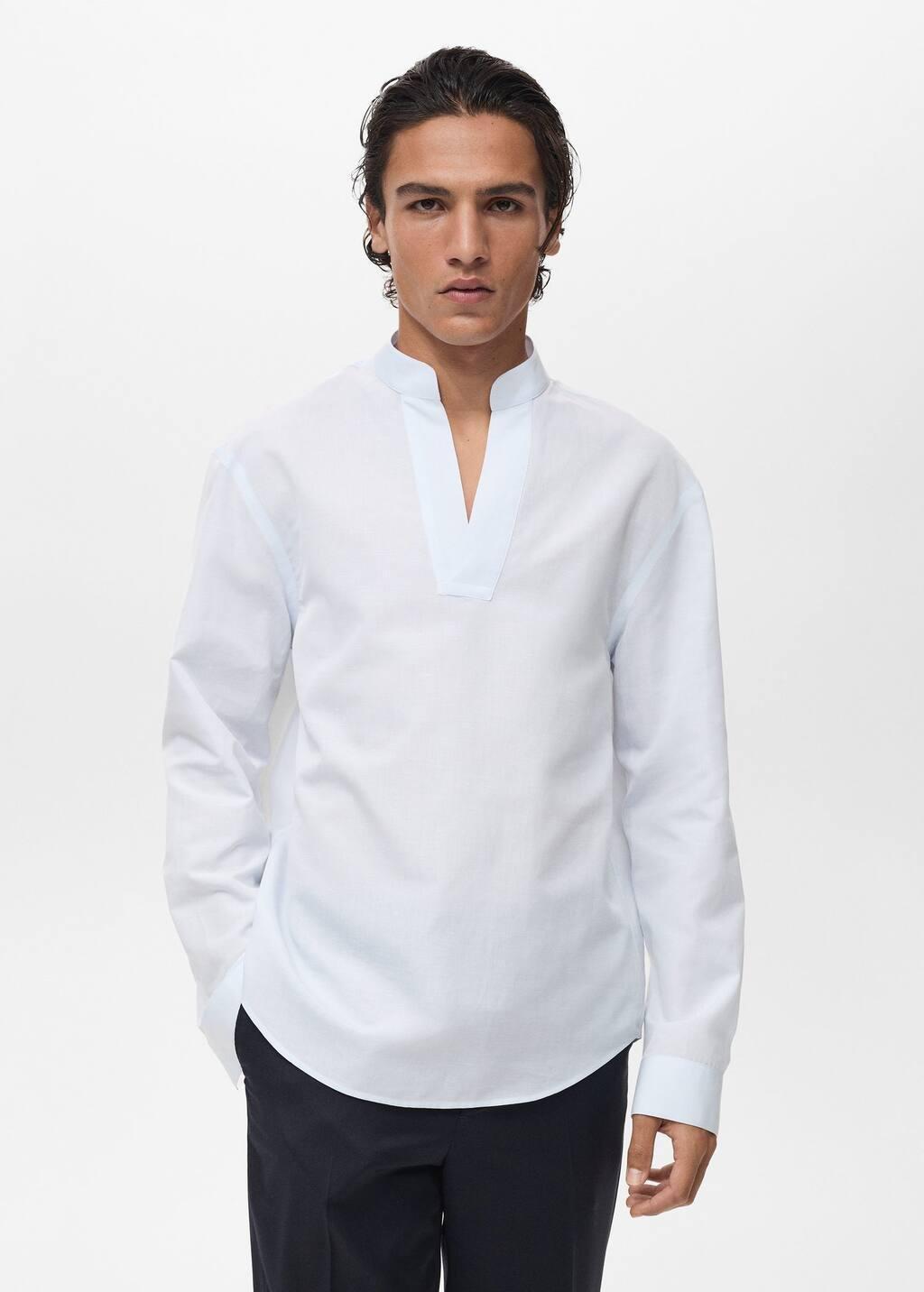 Blue Lt Pastel Mao Collar Linen Shirt, , large image number 0