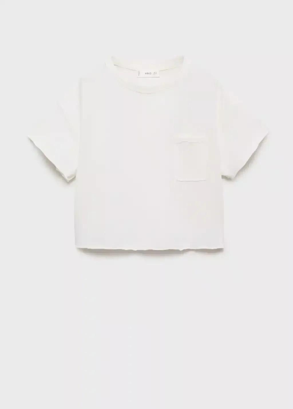 White Cropped T-Shirt With Pocket, Kids Girl, , large image number 0