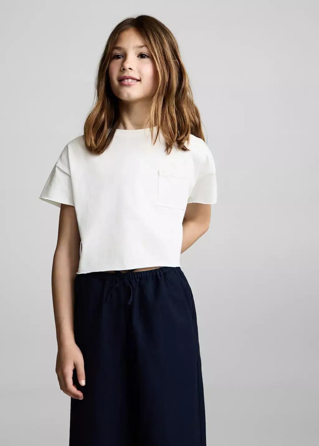 White Cropped T-Shirt With Pocket, Kids Girl, , large image number 1