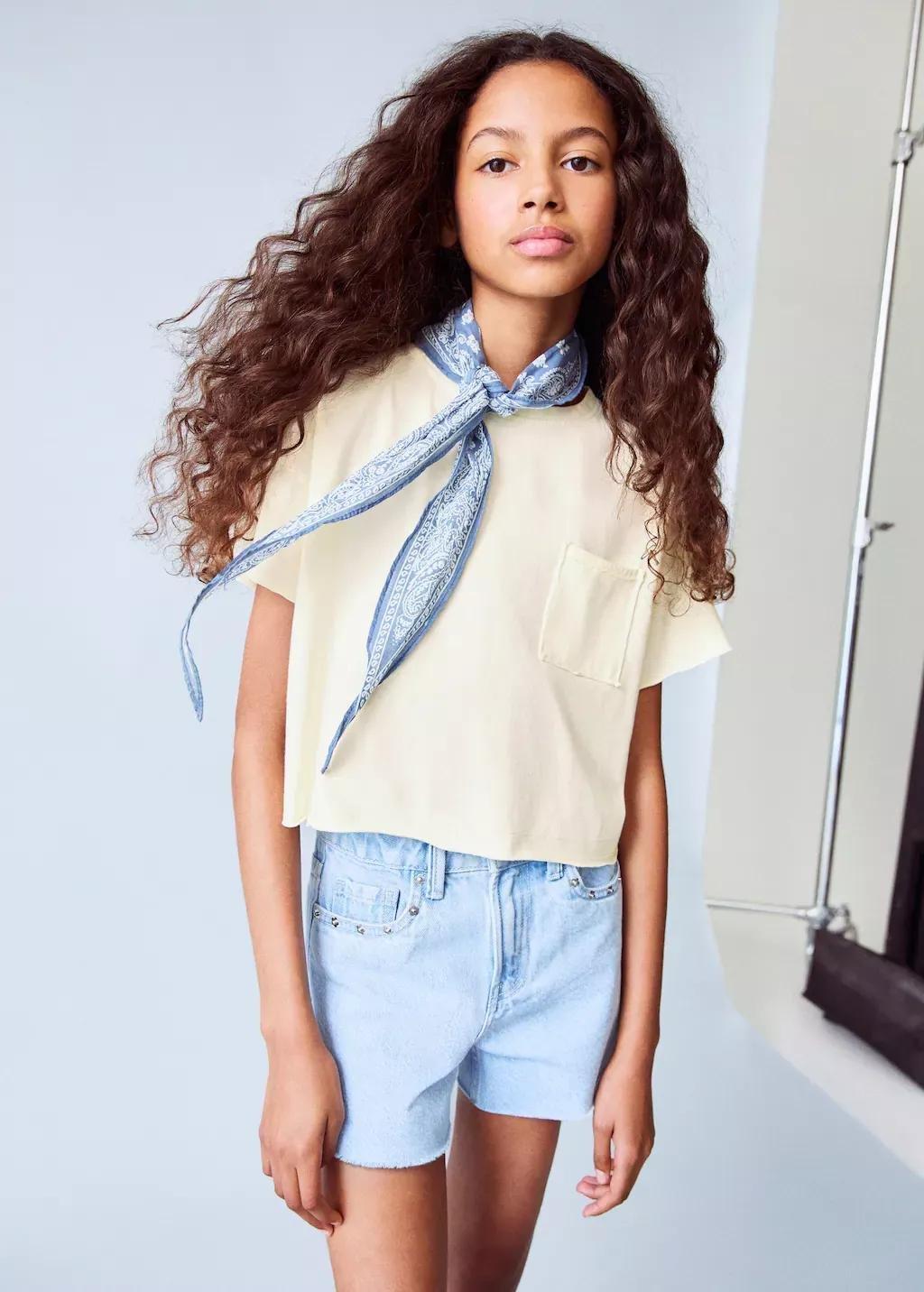 Yellow Cropped T-Shirt With Pocket, Kids Girl, , large image number 1