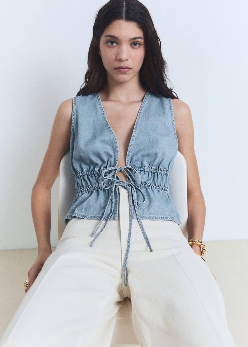 Blue Lyocell Top With Tie Closure, , large image number 1