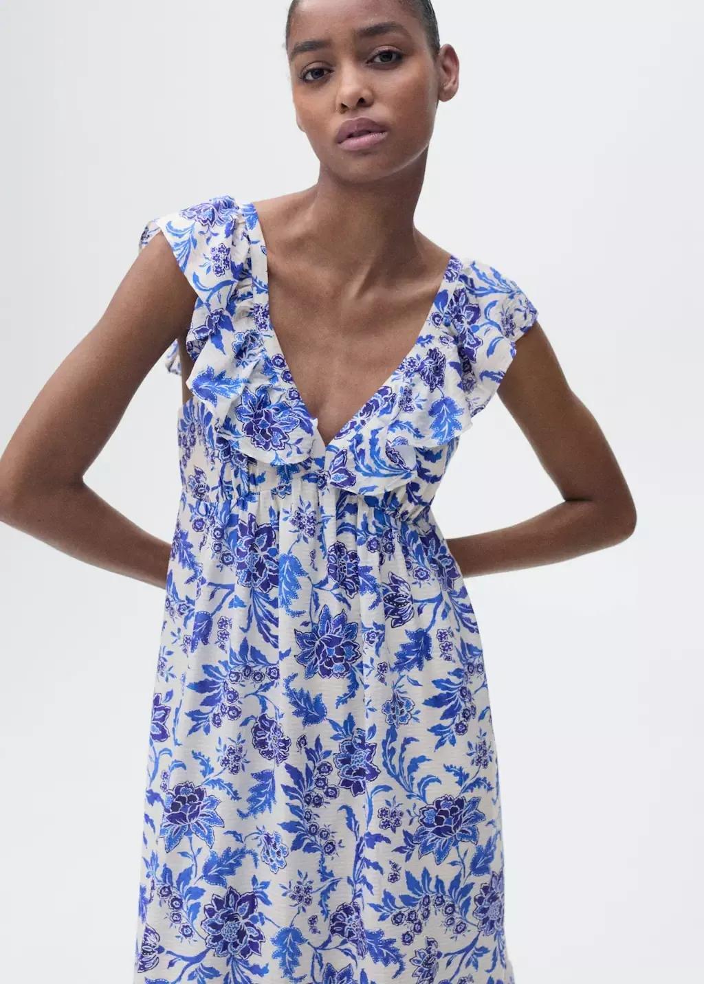 Blue Ruffled Floral Print Dress, , large image number 0