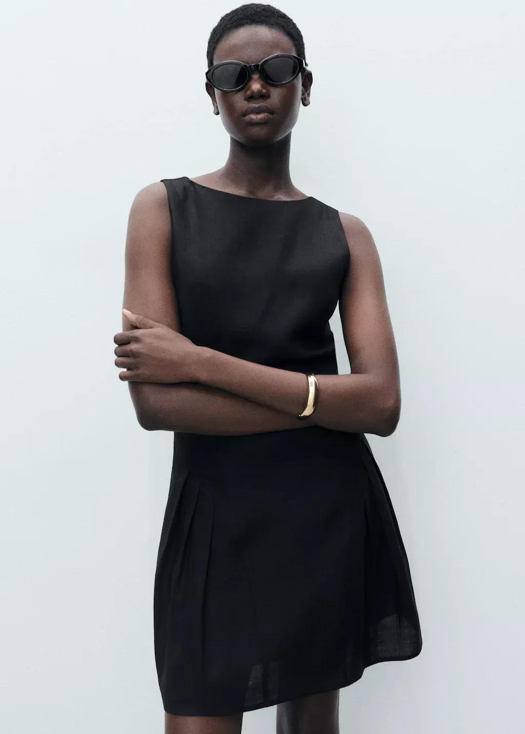 Black Short Pleated Linen-Blend Dress, , large image number 0