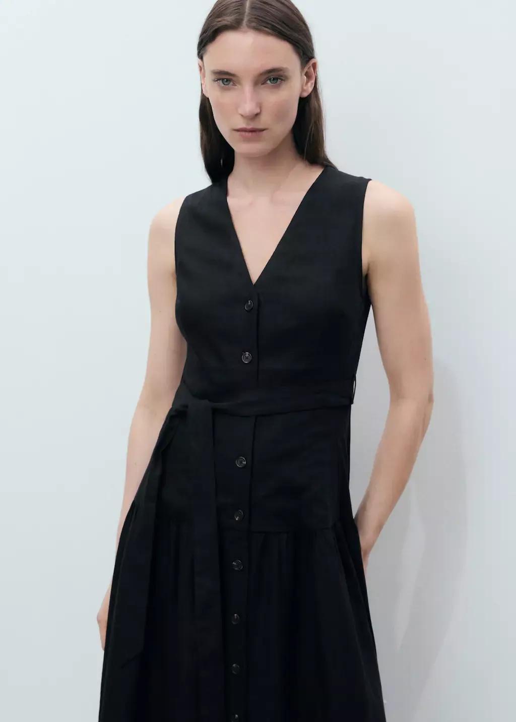 Black Linen-Blend Midi-Dress With Belt, , large image number 0