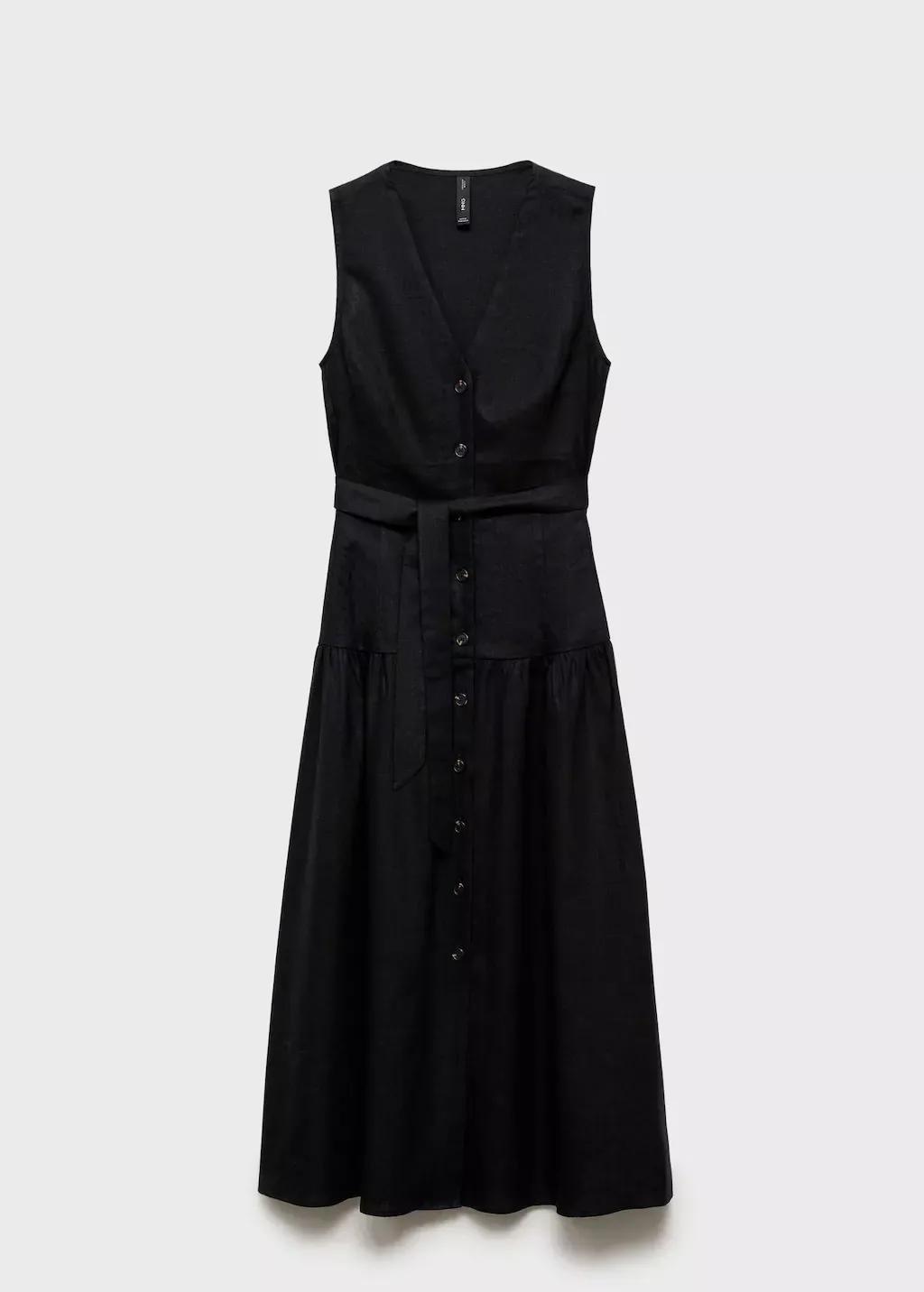 Black Linen-Blend Midi-Dress With Belt, , large image number 4
