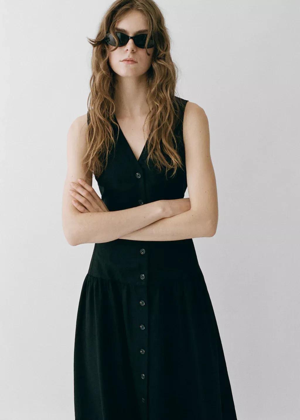 Black Linen-Blend Midi-Dress With Belt, , large image number 6