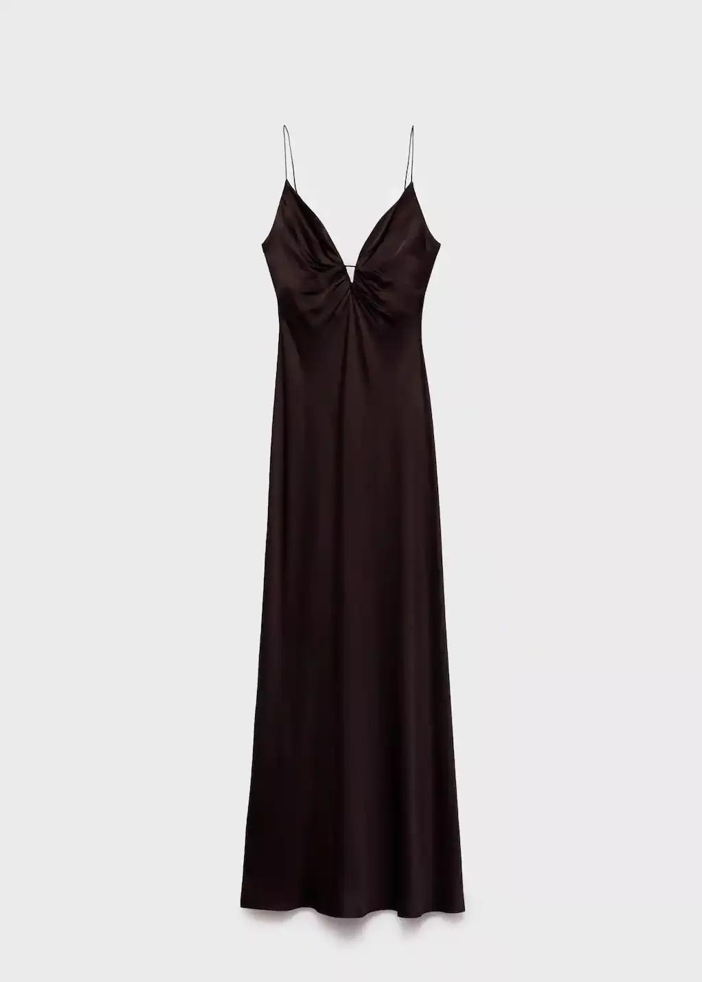 BROWN V-neck satin dress, , large image number 4
