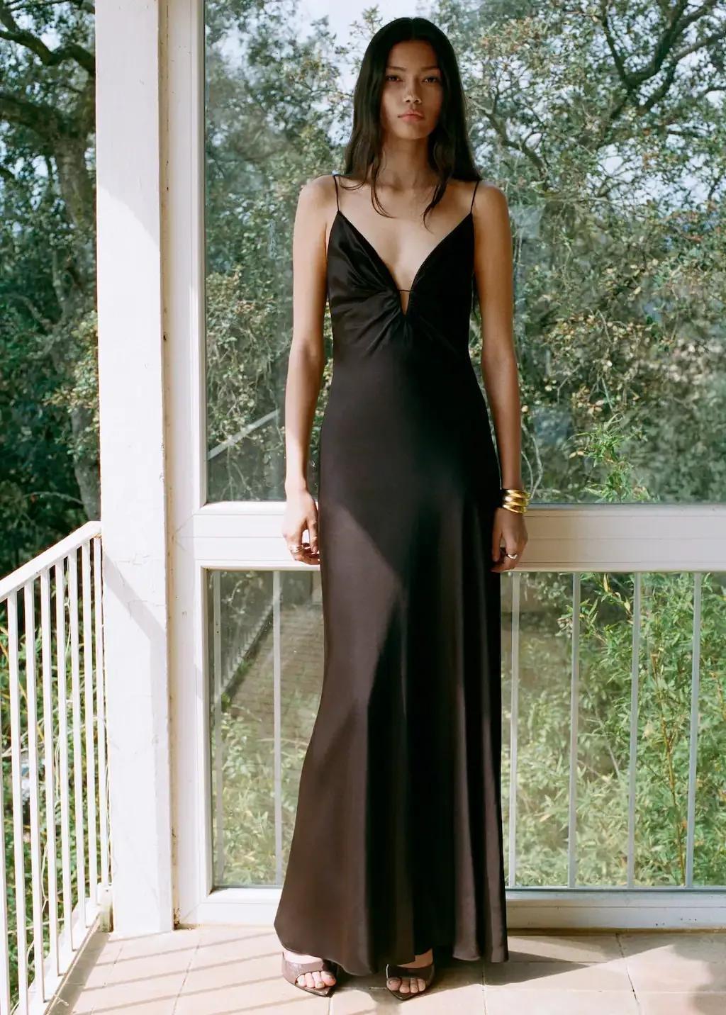 BROWN V-neck satin dress, , large image number 7
