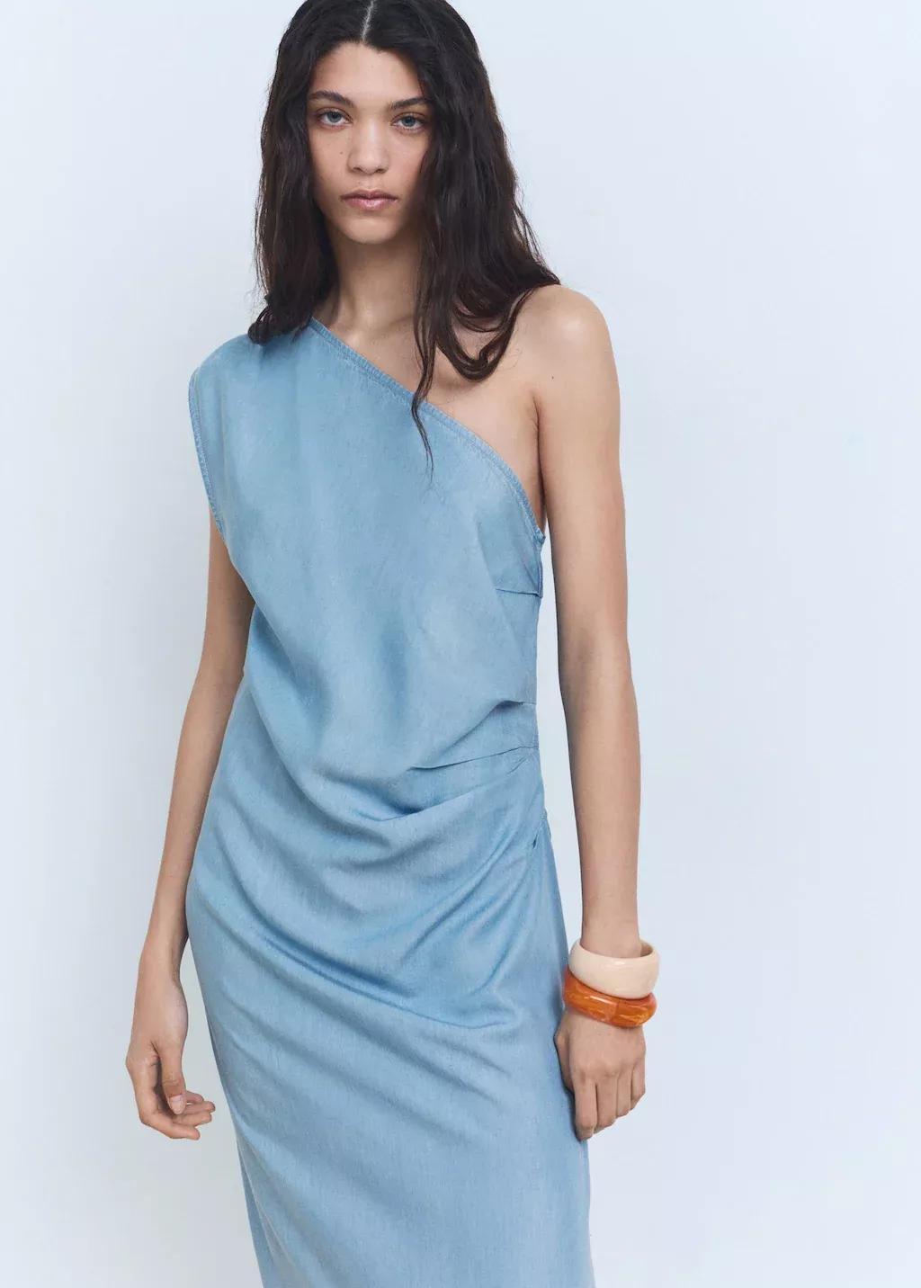 Blue Draped Asymmetrical Lyocell Dress, , large image number 0