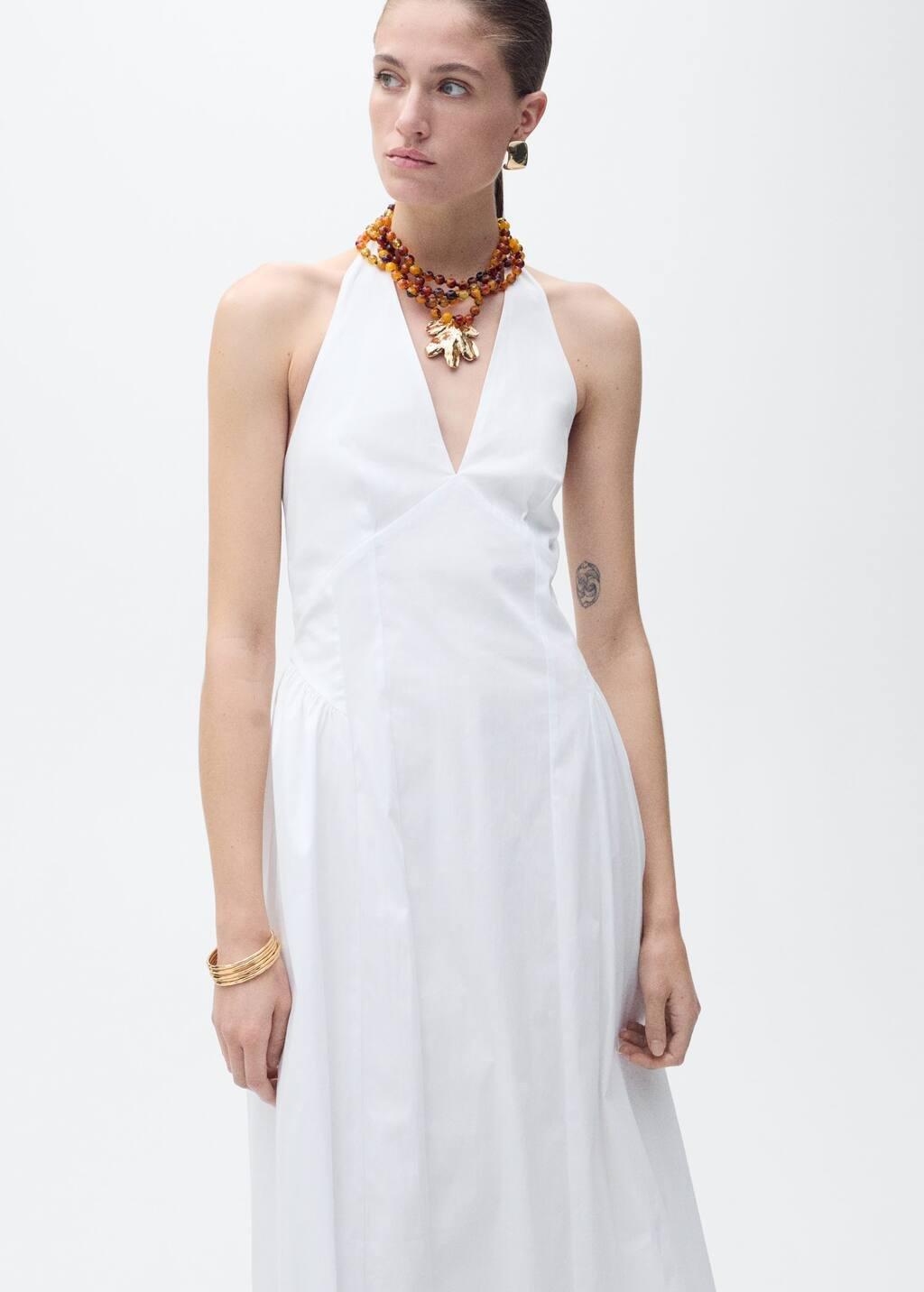 White Halter Neck Cotton Midi-Dress, , large image number 0