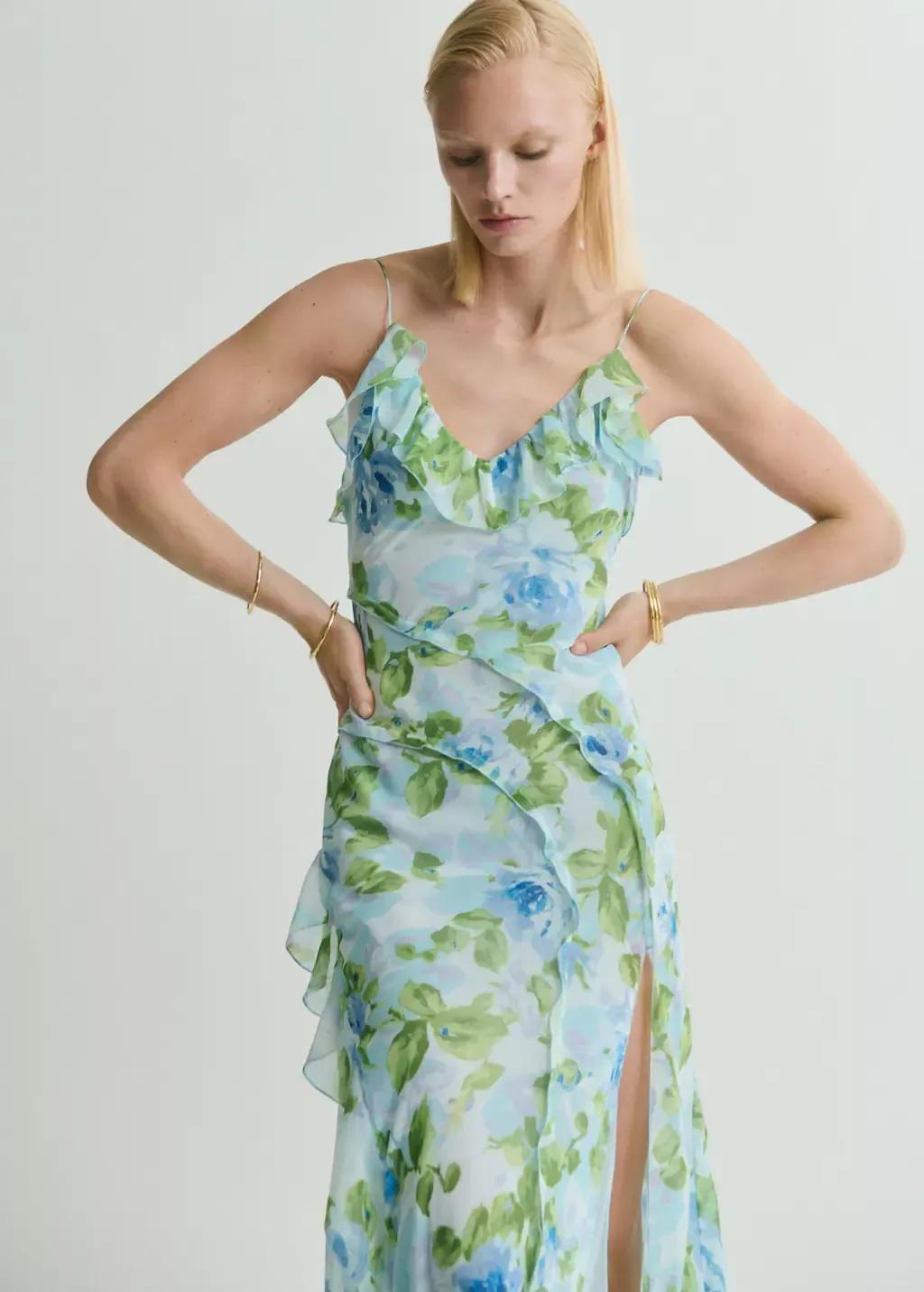 LT-PASTEL BLUE Ruffled floral print dress, , large image number 0