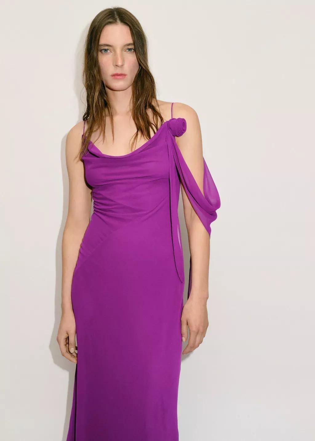 Purple Draped Dress With Flower Detail, , large image number 0