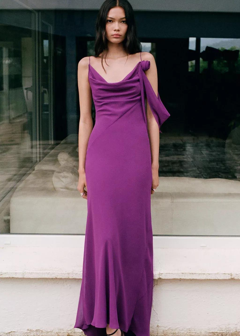 Purple Draped Dress With Flower Detail, , large image number 6