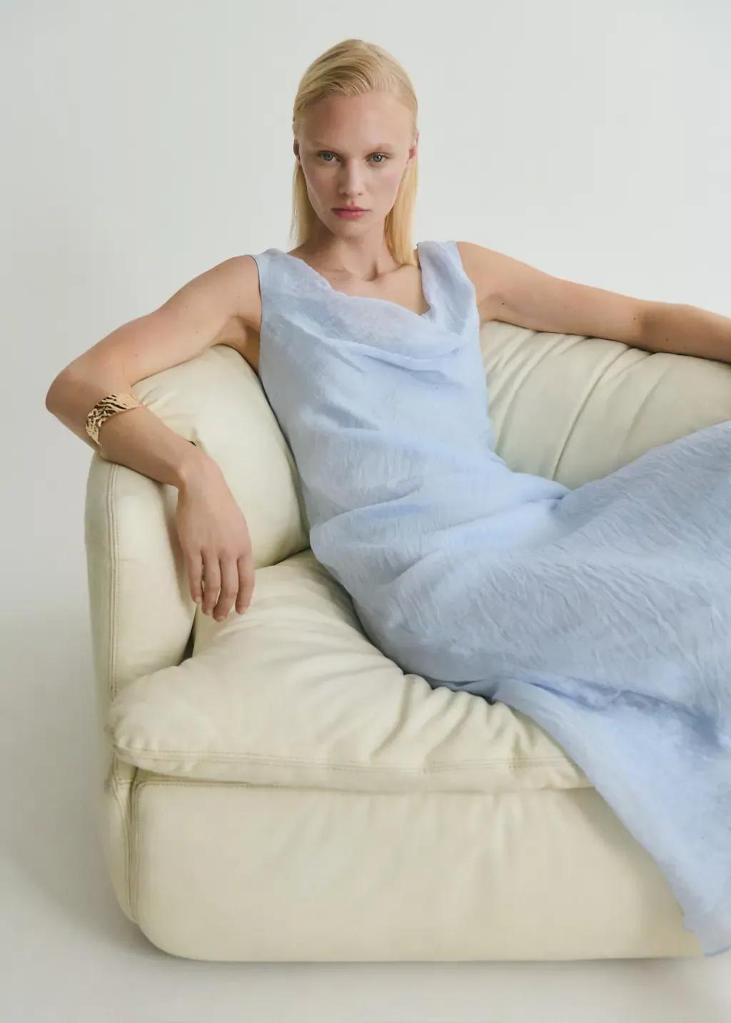 Blue Lt Pastel Midi-Dress With Draped Neckline, , large image number 0