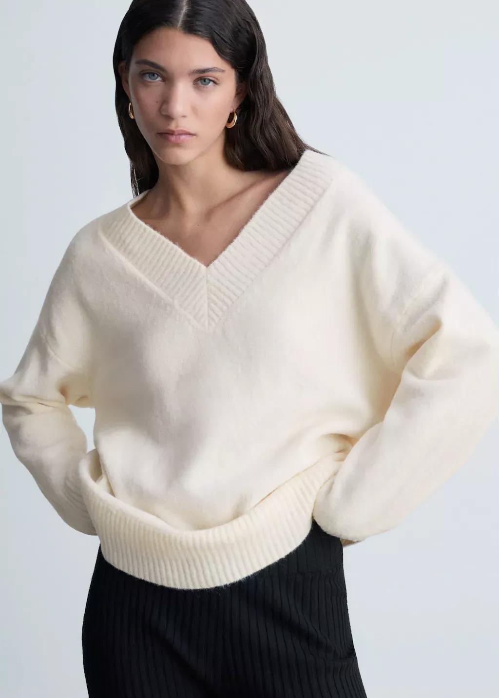 Beige Oversized V-Neck Sweater, , large image number 0