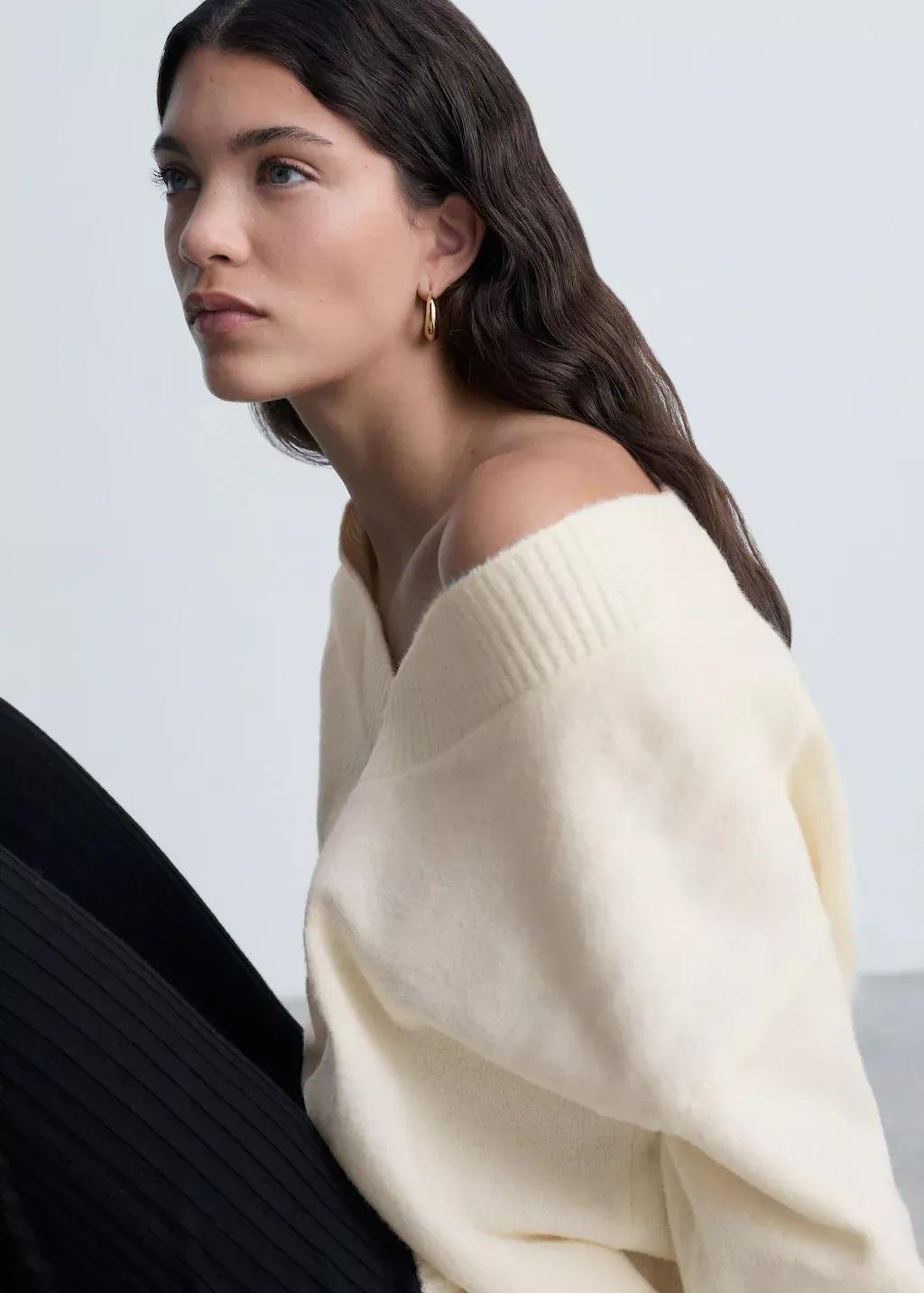 Beige Oversized V-Neck Sweater, , large image number 1