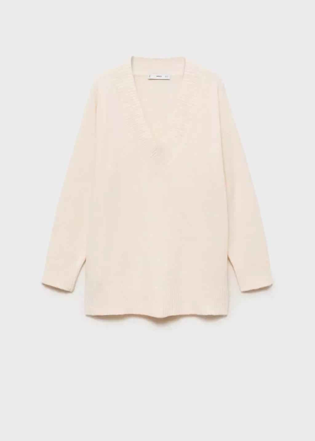 Beige Oversized V-Neck Sweater, , large image number 4