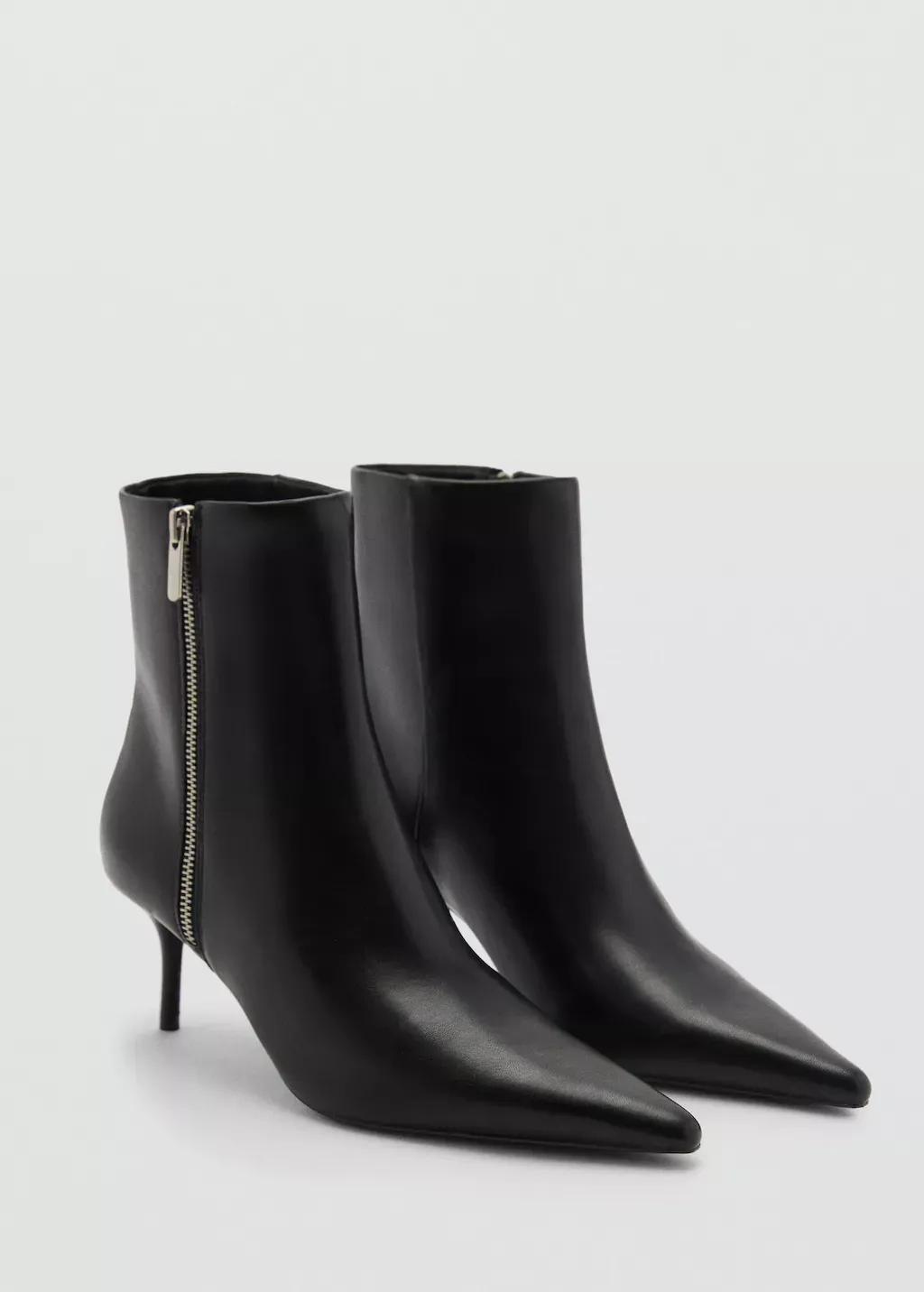 Black Leather Pointed Ankle Boots, , large image number 0