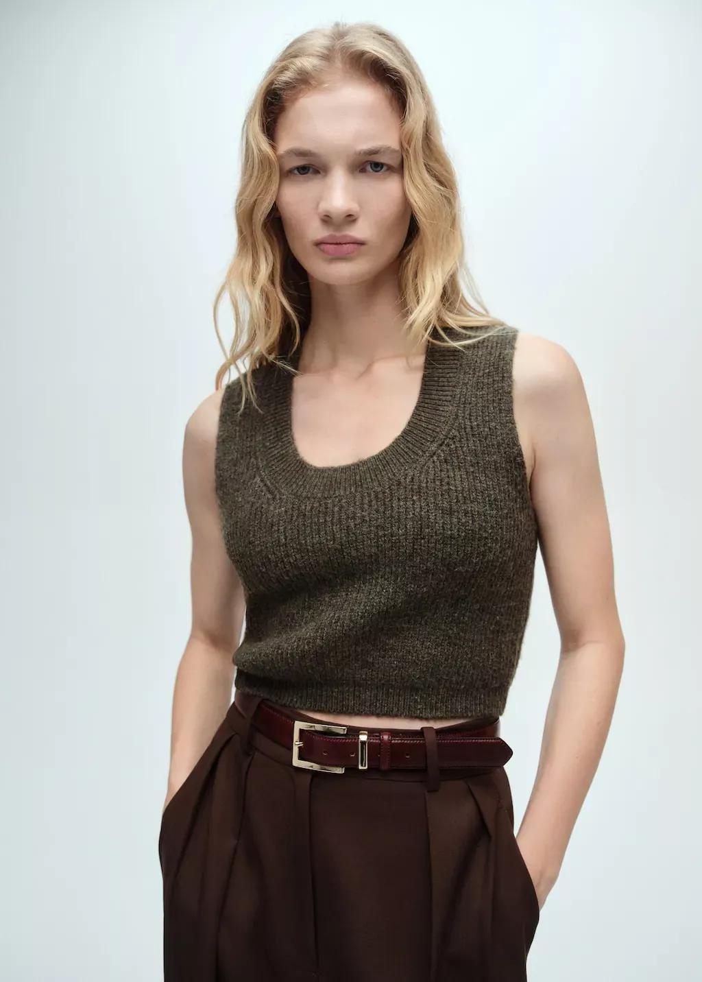 Khaki Knitted Cropped Top, , large image number 0