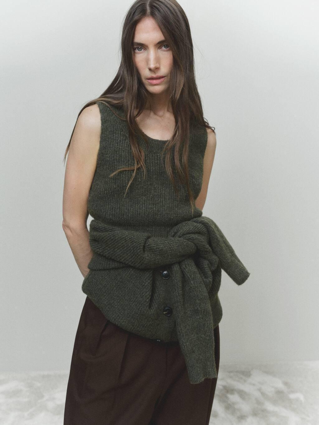 Khaki Knitted Cropped Top, , large image number 1