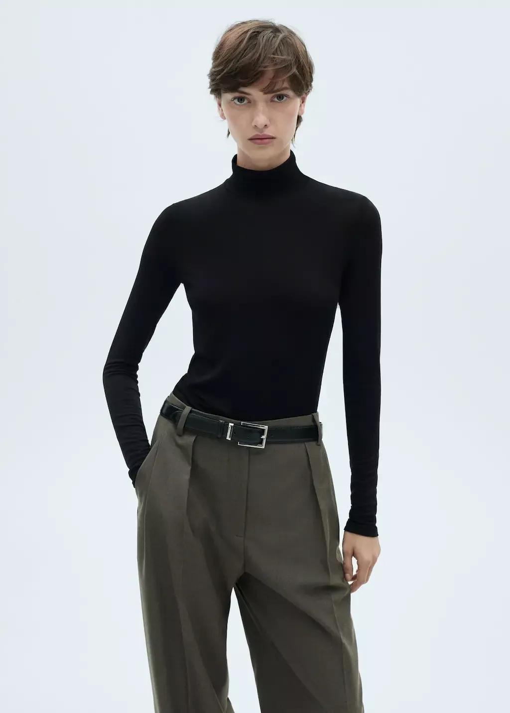 Black Turtleneck Long-Sleeved T-Shirt, , large image number 0