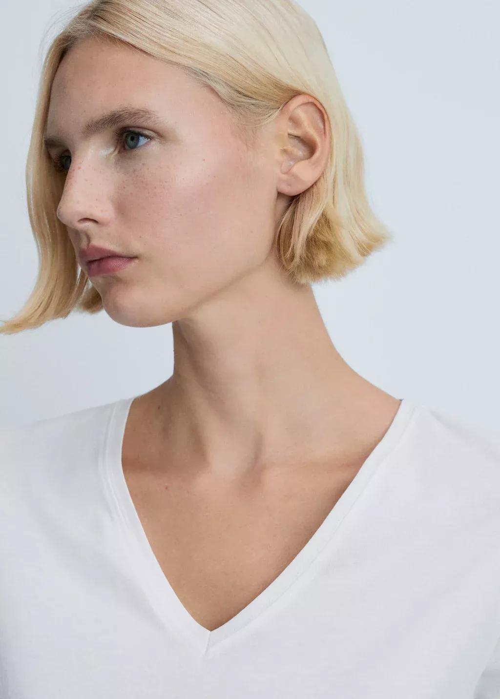 White V-Neck Cotton T-Shirt, , large image number 1