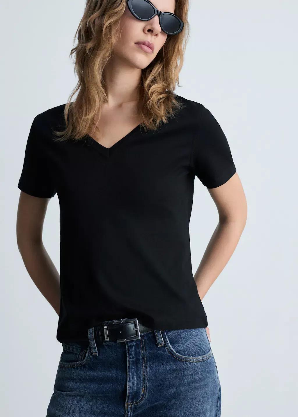 Black V-Neck Cotton T-Shirt, , medium