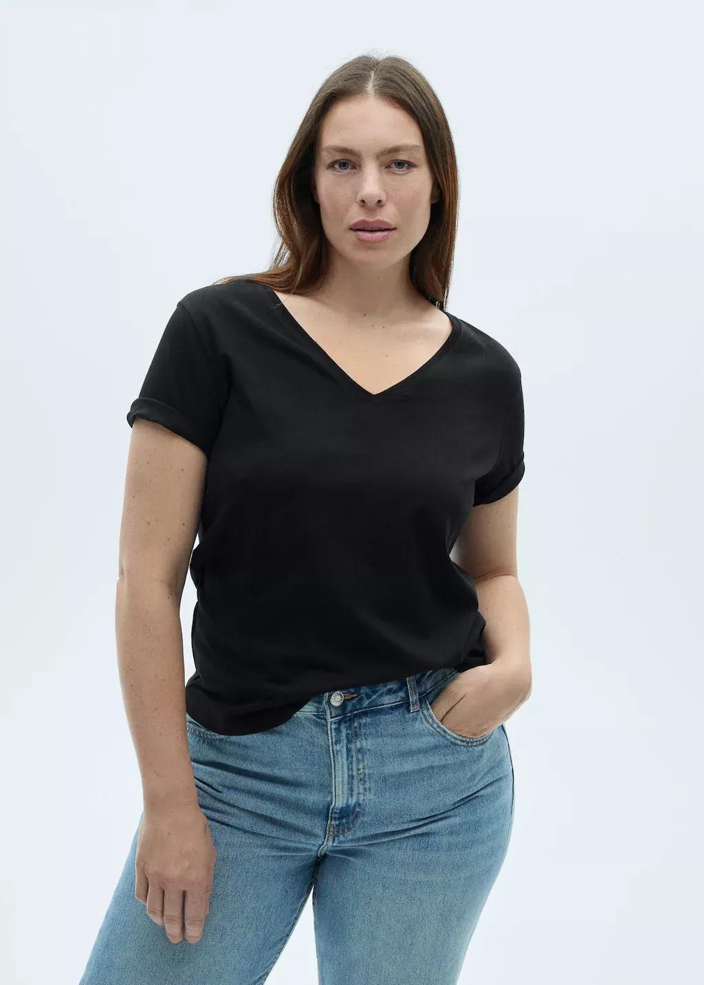 Black V-Neck Cotton T-Shirt, , large image number 6