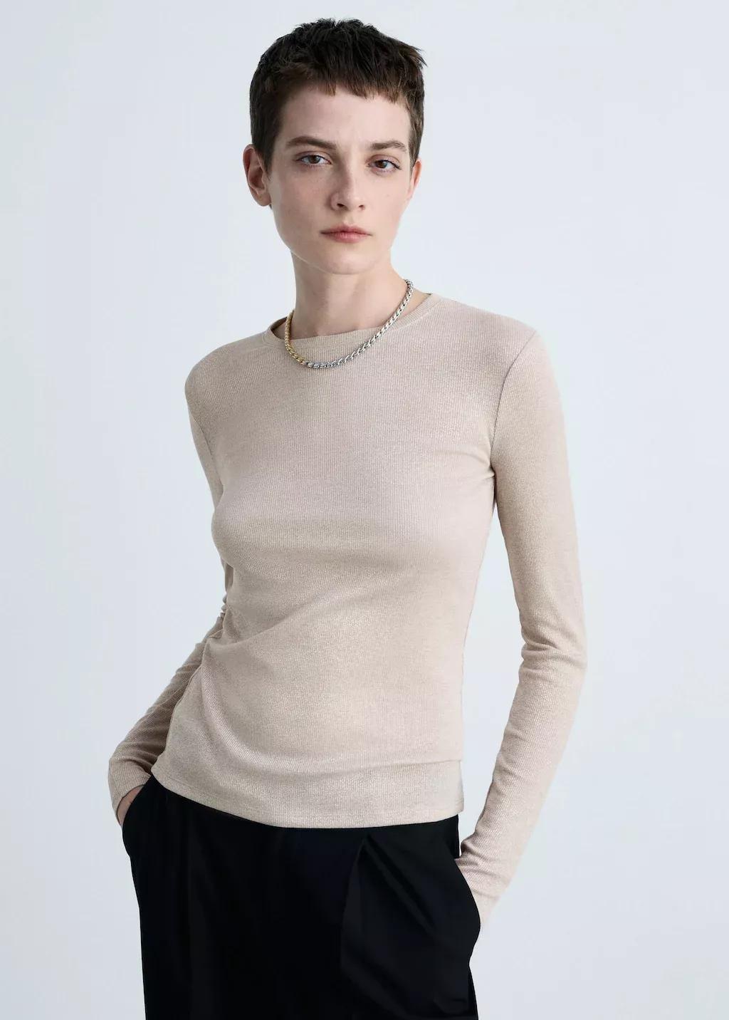 Beige Lurex Knitted T-Shirt, , large image number 0
