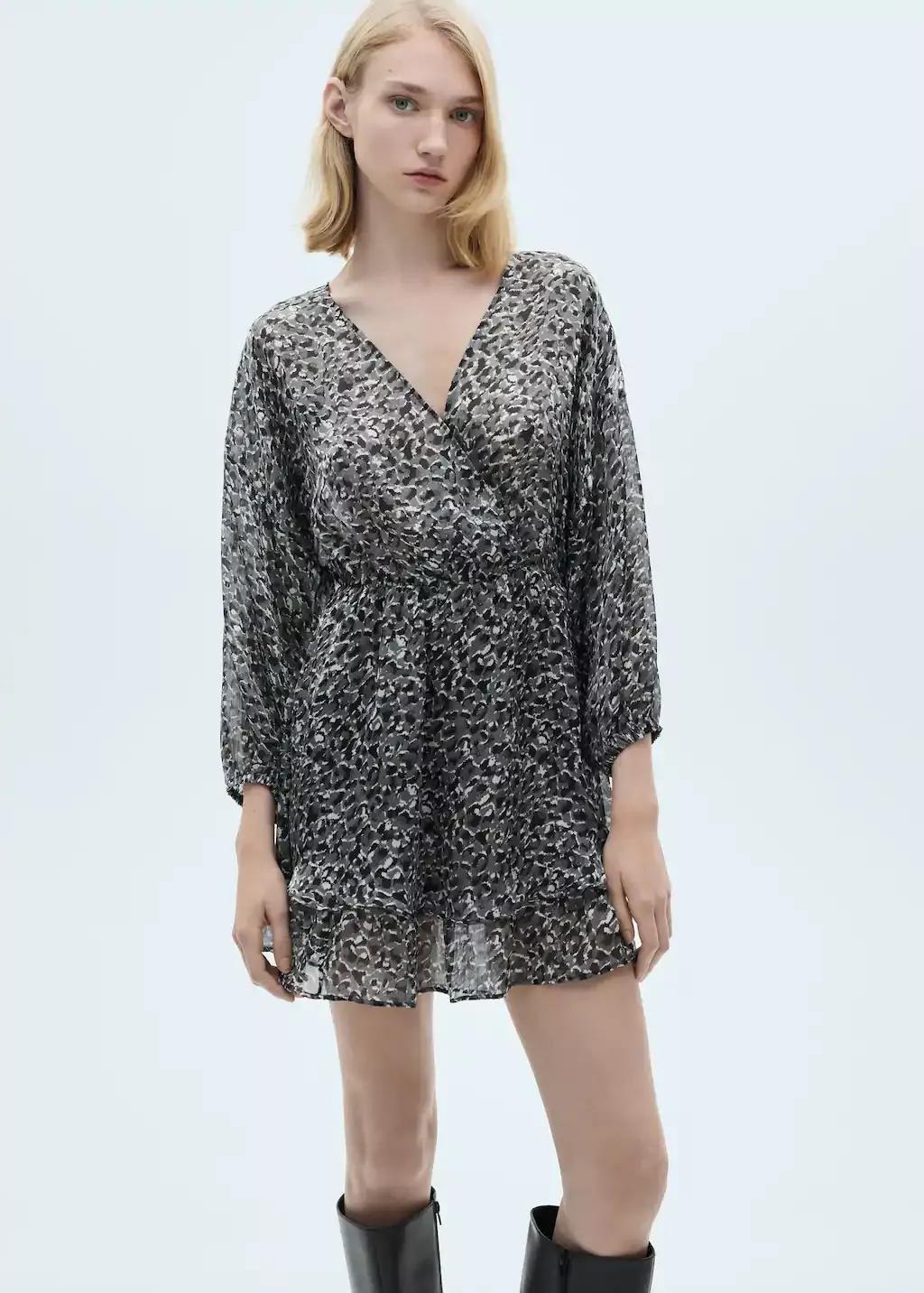 Black Animal-Print Ruffled Dress, , large image number 0