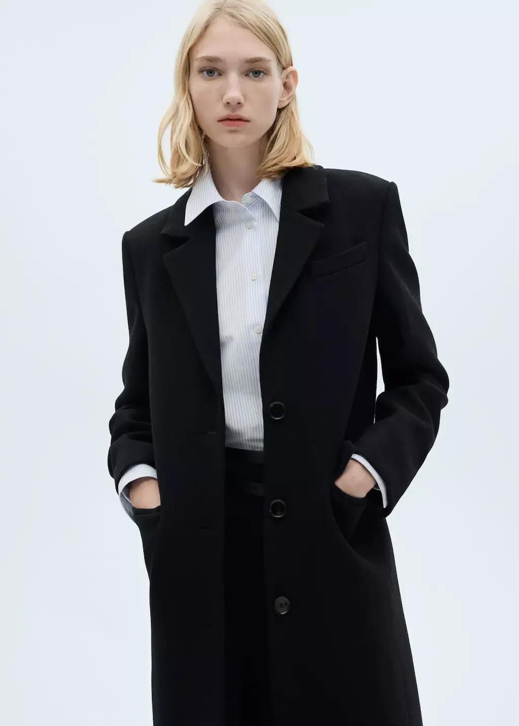 Black Buttoned Wool Coat, , large image number 0