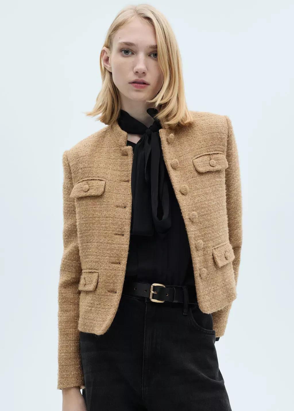 Brown Mandarin Collar Tweed Jacket, , large image number 0