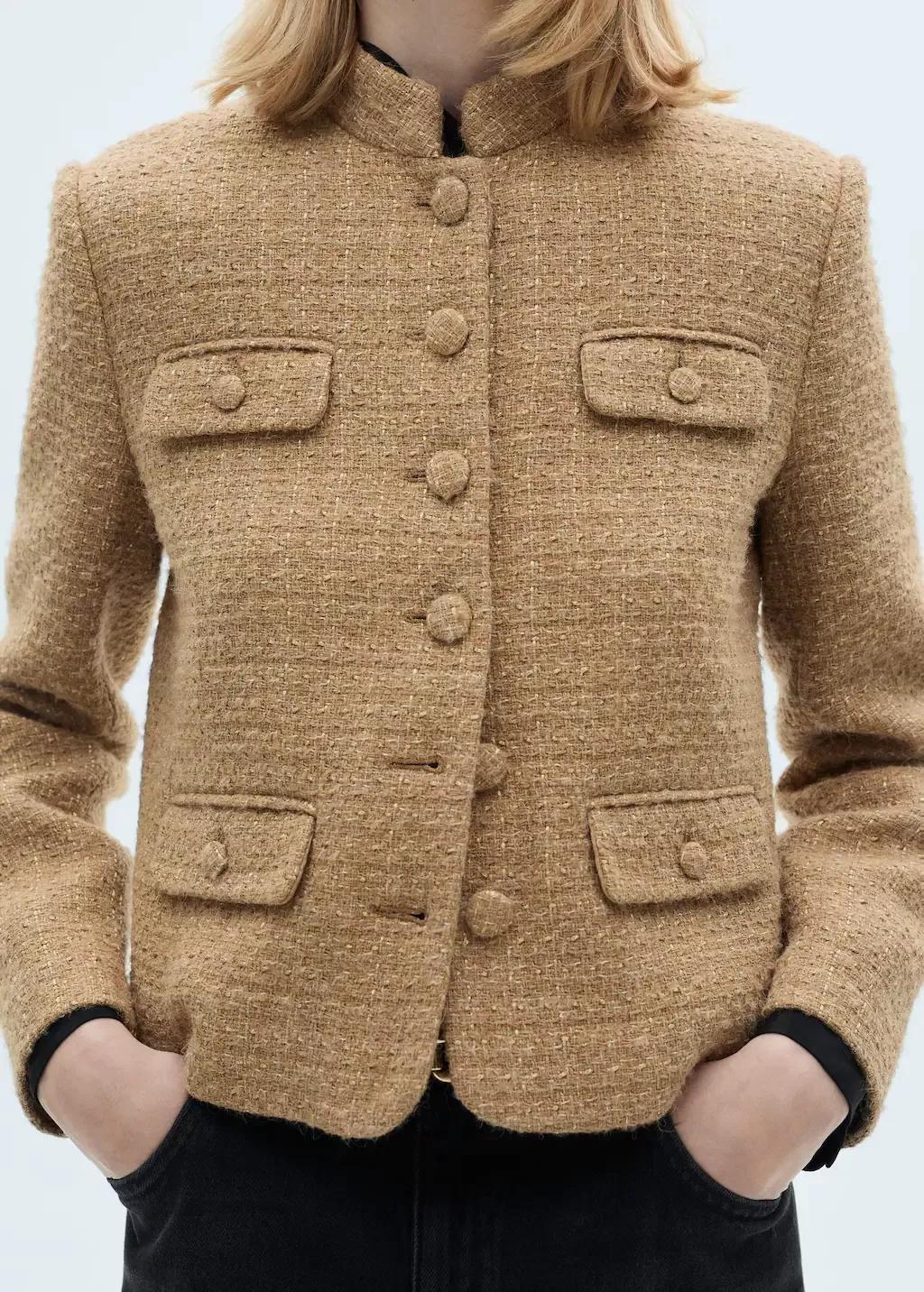 Brown Mandarin Collar Tweed Jacket, , large image number 2