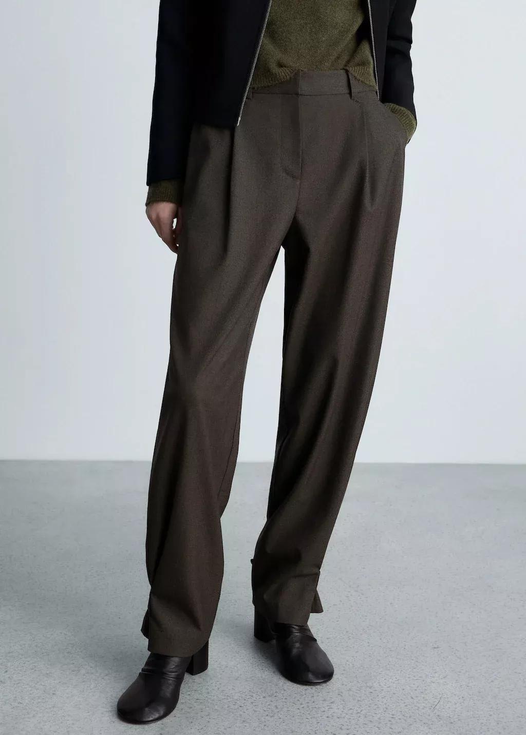 Brown Buttoned Hem Wide leg Pants, , large image number 0