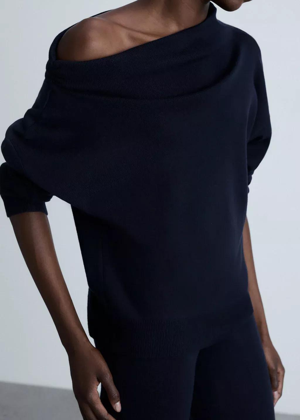Navy Knitted Sweater With Asymmetrical Neck, , large image number 0