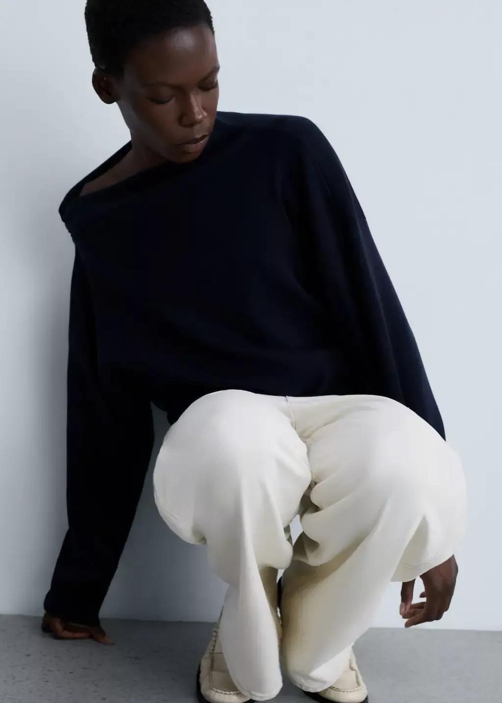 Navy Knitted Sweater With Asymmetrical Neck, , large image number 2