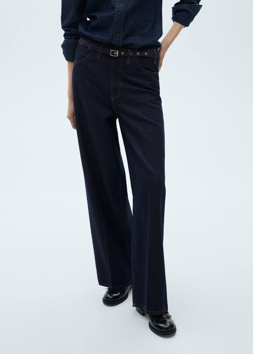 Blue Rinse-Wash Wideleg Jeans With Belt, , large image number 0