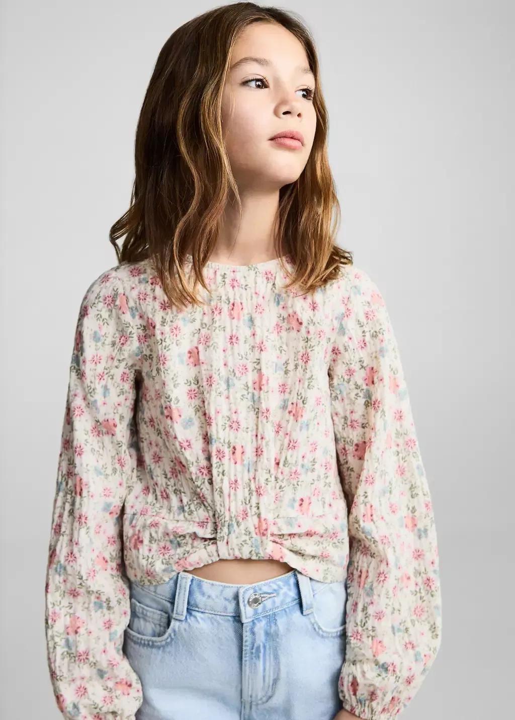 Beige Floral Print Blouse, Kids Girl, , large image number 0