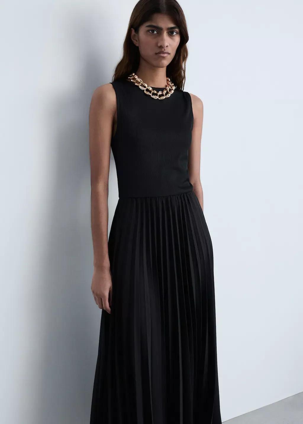 Black Pleated Long Dress, , large image number 0