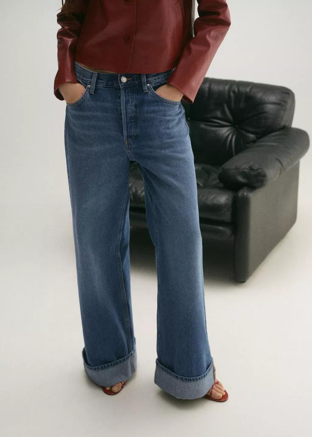 Blue Wideleg Jeans With Turned-Up Hem, , medium