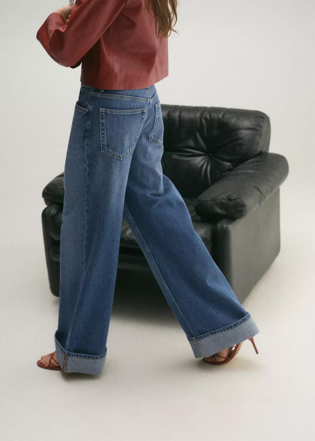 Blue Wideleg Jeans With Turned-Up Hem, , large image number 5
