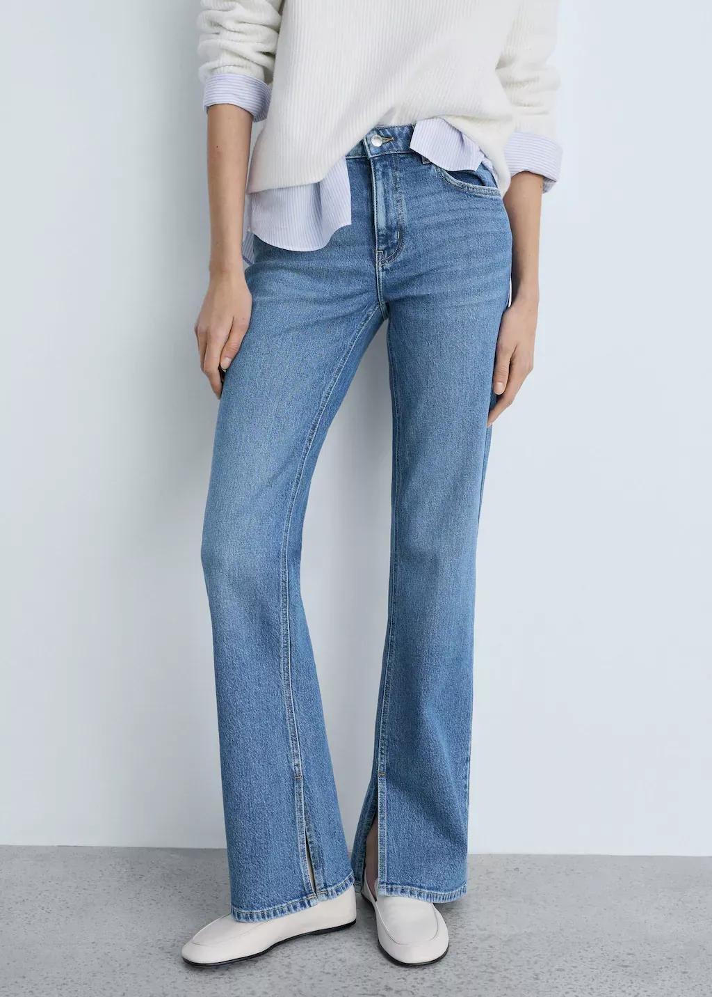 Blue Medium-Rise Straight Jeans With Slits, , medium