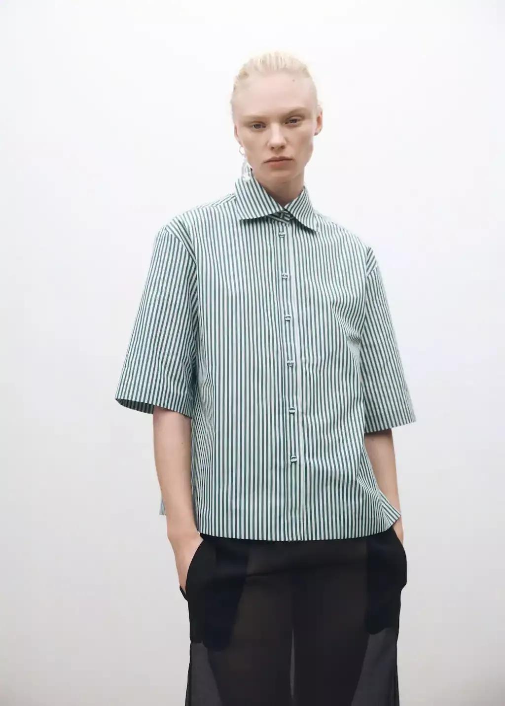 Green Short-Sleeved Striped Cotton Shirt, , medium