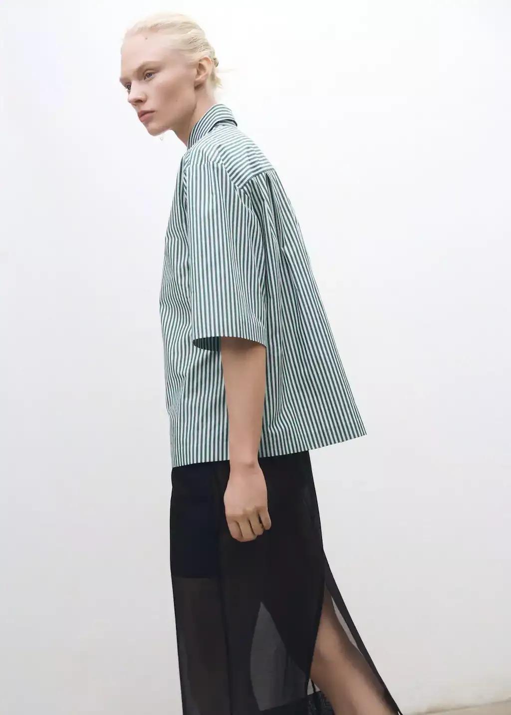 Green Short-Sleeved Striped Cotton Shirt, , large image number 1