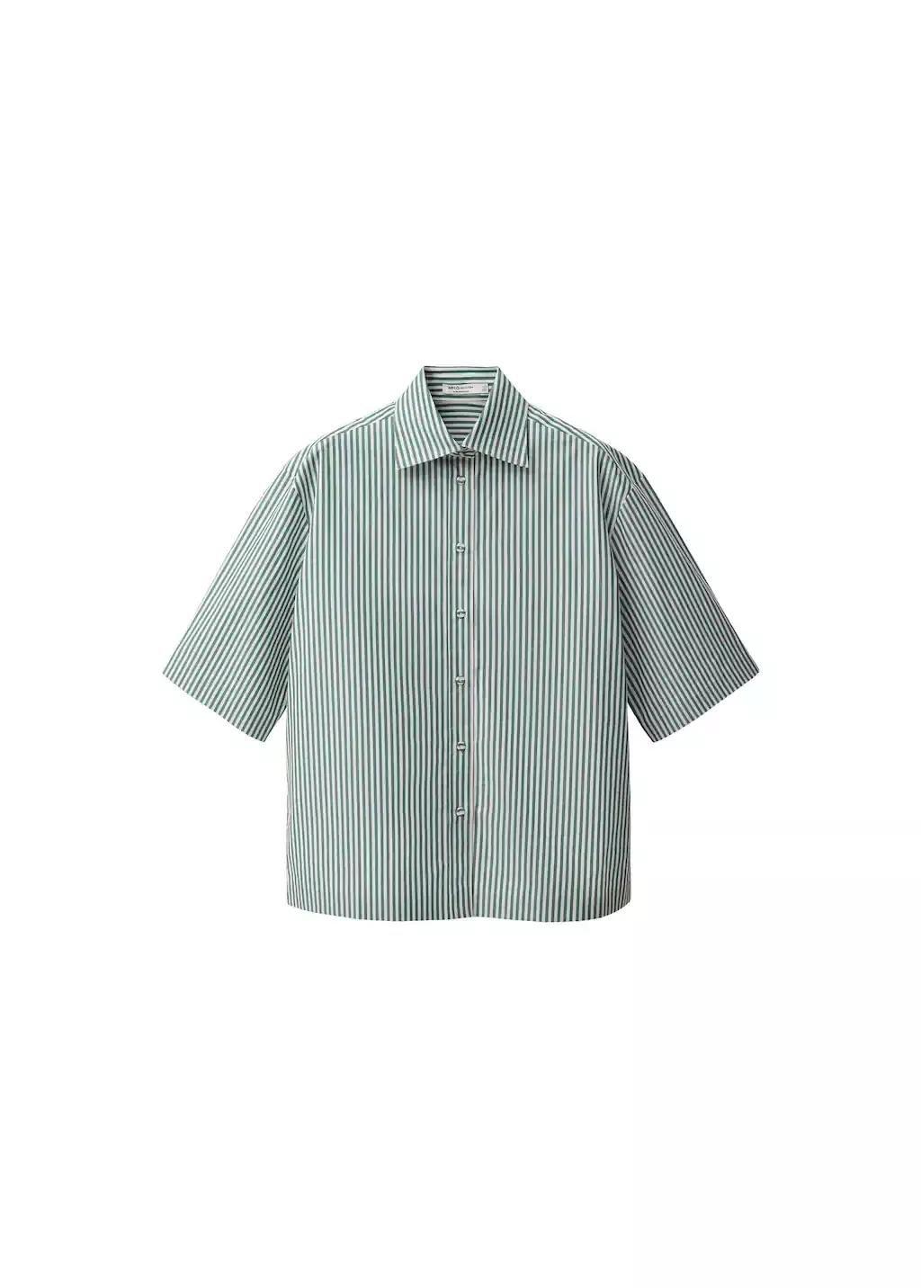 Green Short-Sleeved Striped Cotton Shirt, , large image number 3
