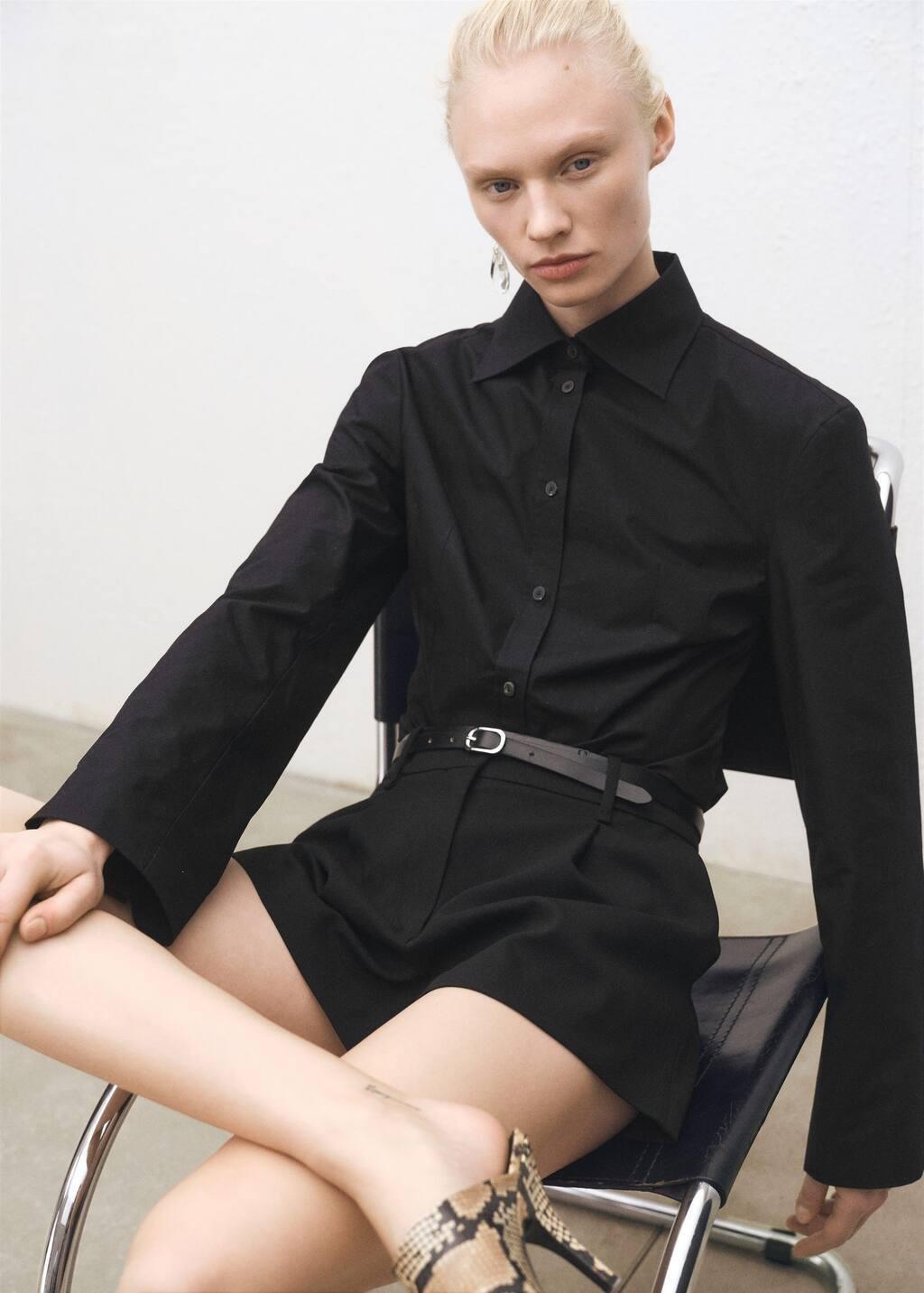 Black Fitted Shirt With Cuffless Sleeves, , medium