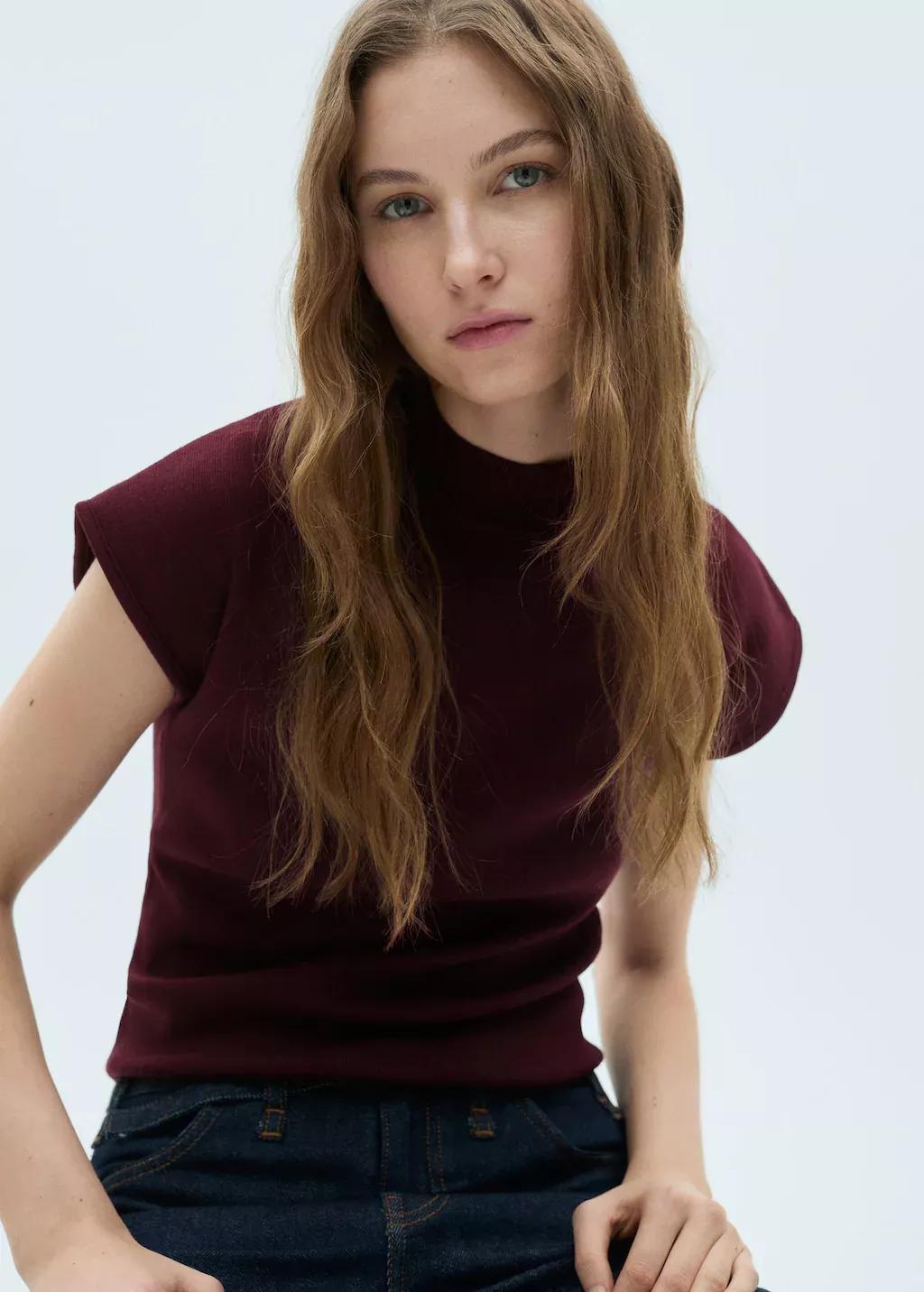 Red Perkins-Neck Short-Sleeved Sweater, , large image number 0