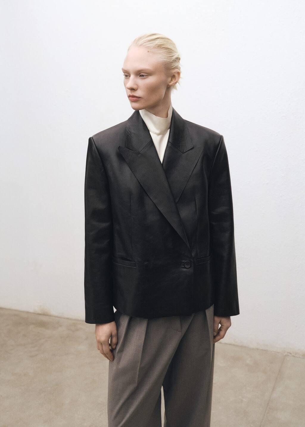 Black Double-Breasted Leather Blazer, , large image number 0