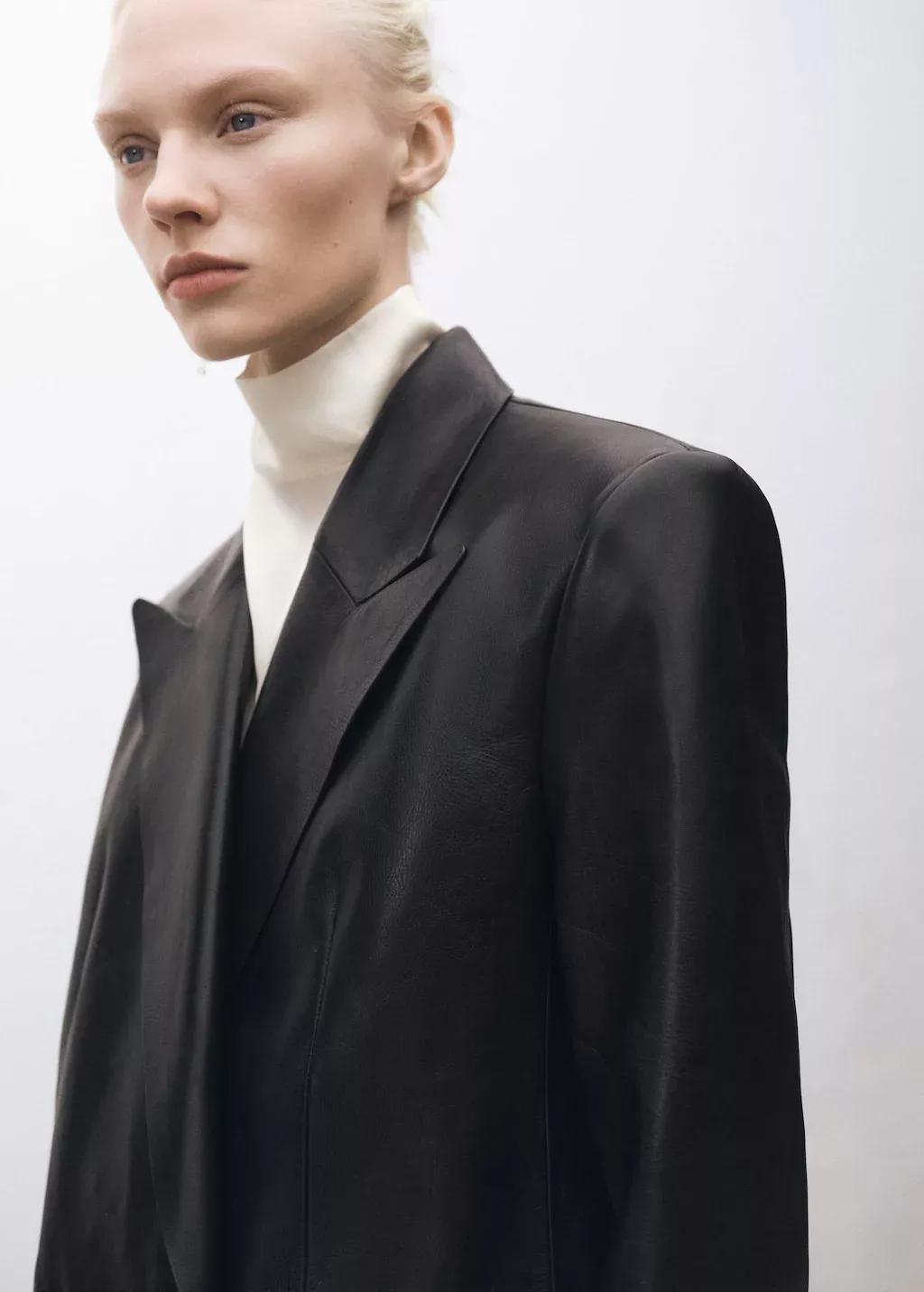 Black Double-Breasted Leather Blazer, , large image number 1